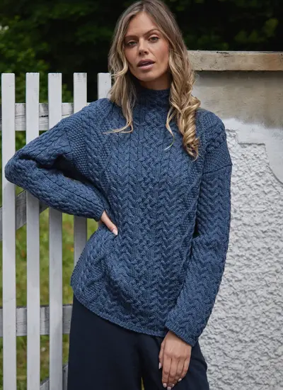 Made in Blarney Ava Aran Funnel Neck Sweater in Blue Melange